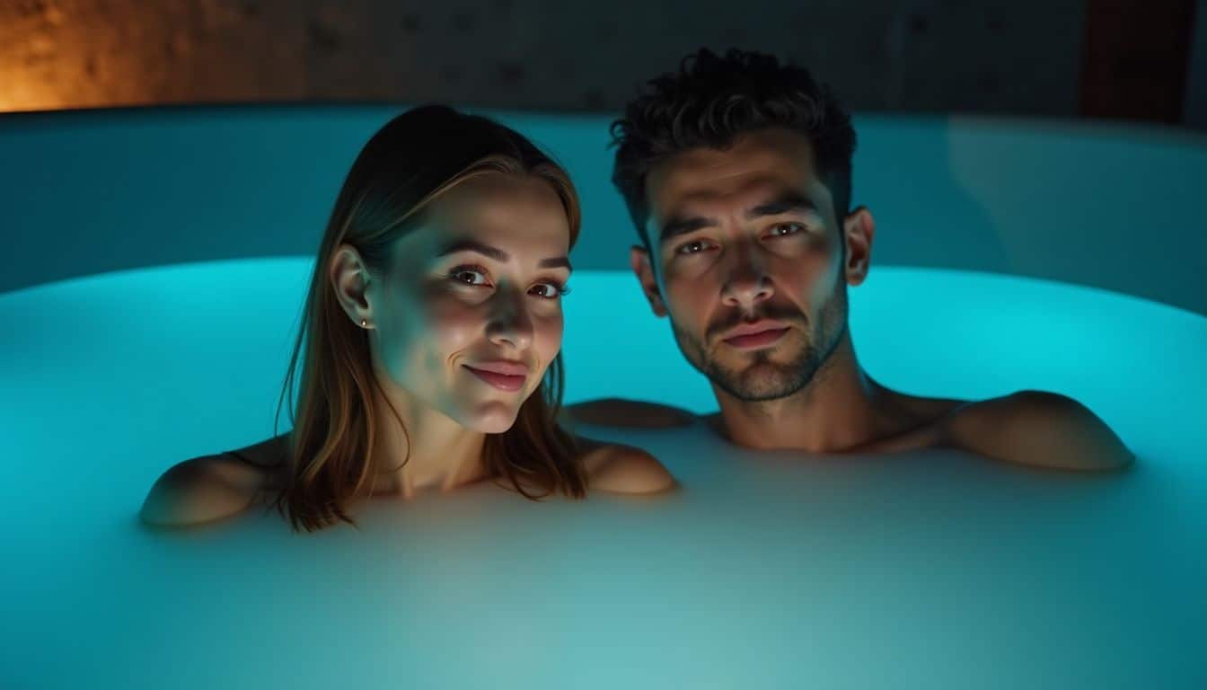 A man and a woman in their 30s floating together in a saltwater tank.