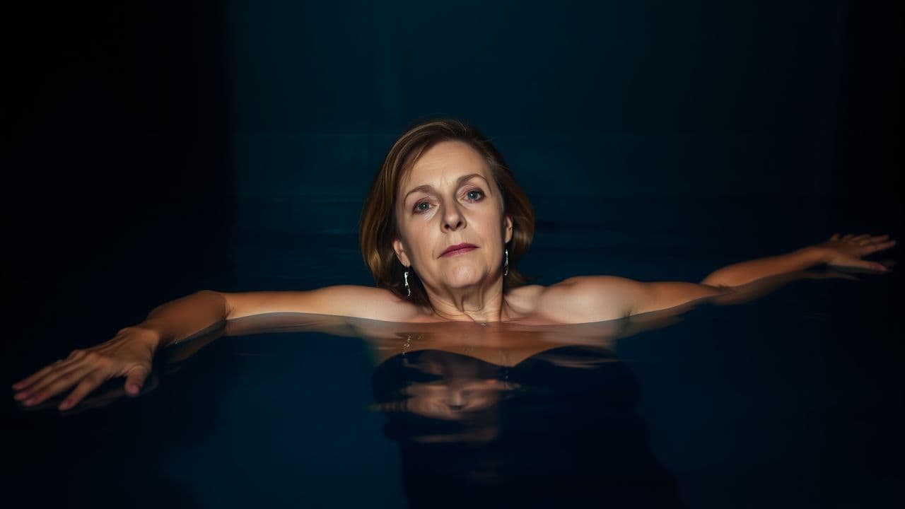 A woman in her late 30s floating in a sensory deprivation tank for relaxation.