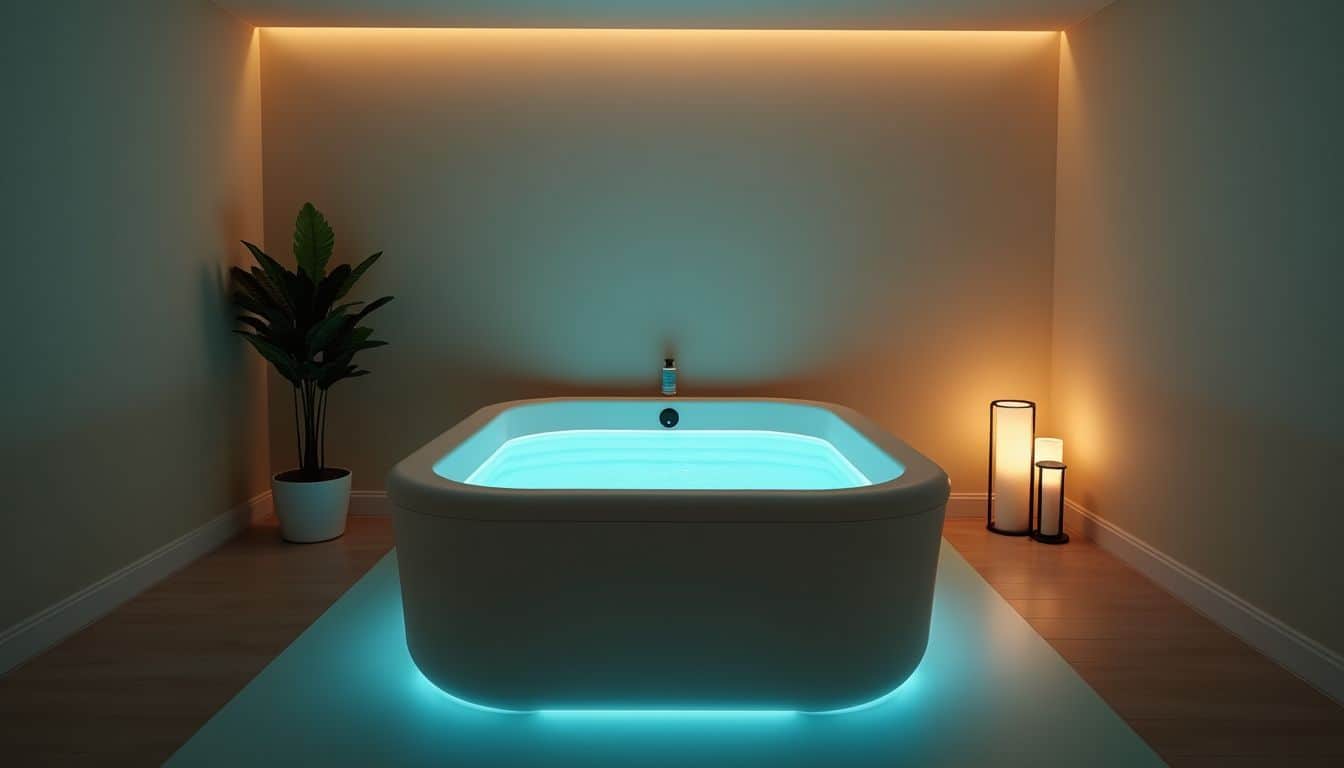 A serene, dimly lit room with a float tank for relaxation.