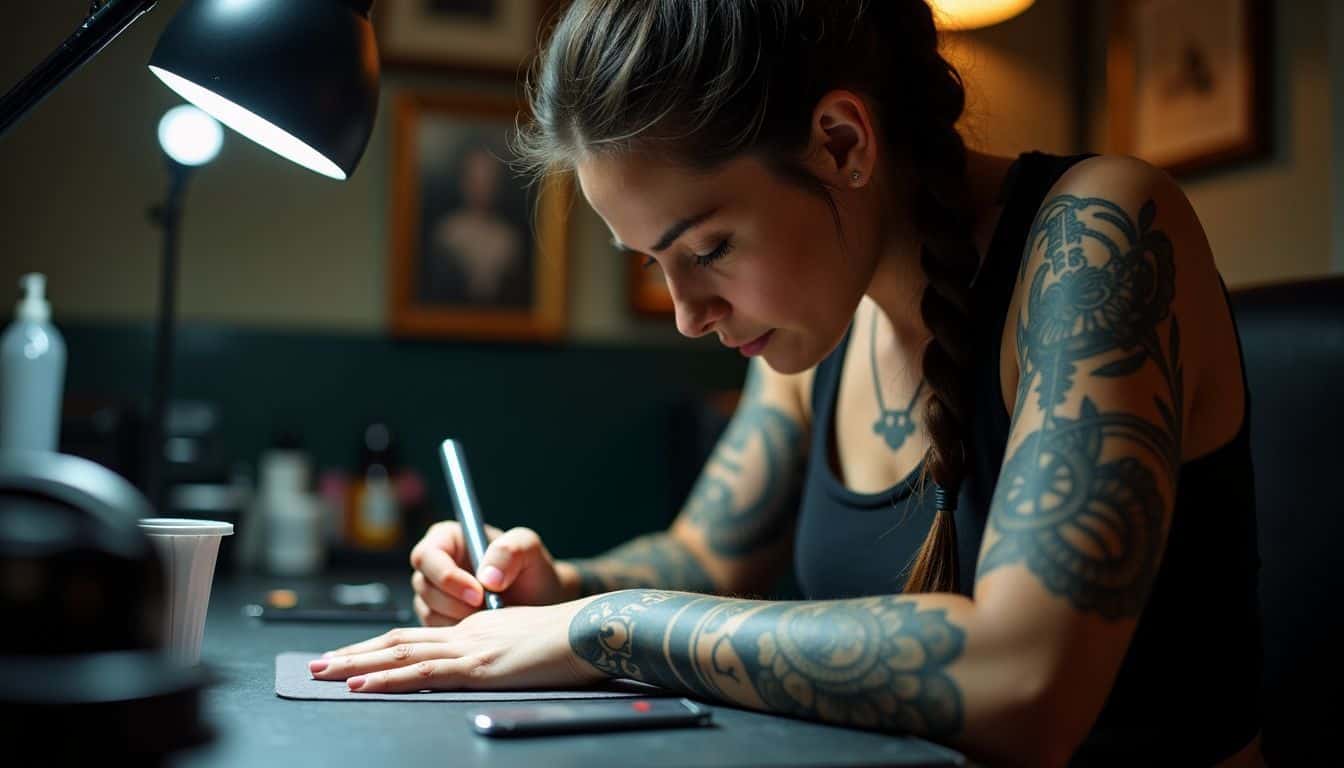 A mid-30s woman tattoo artist focuses on creating a new design.