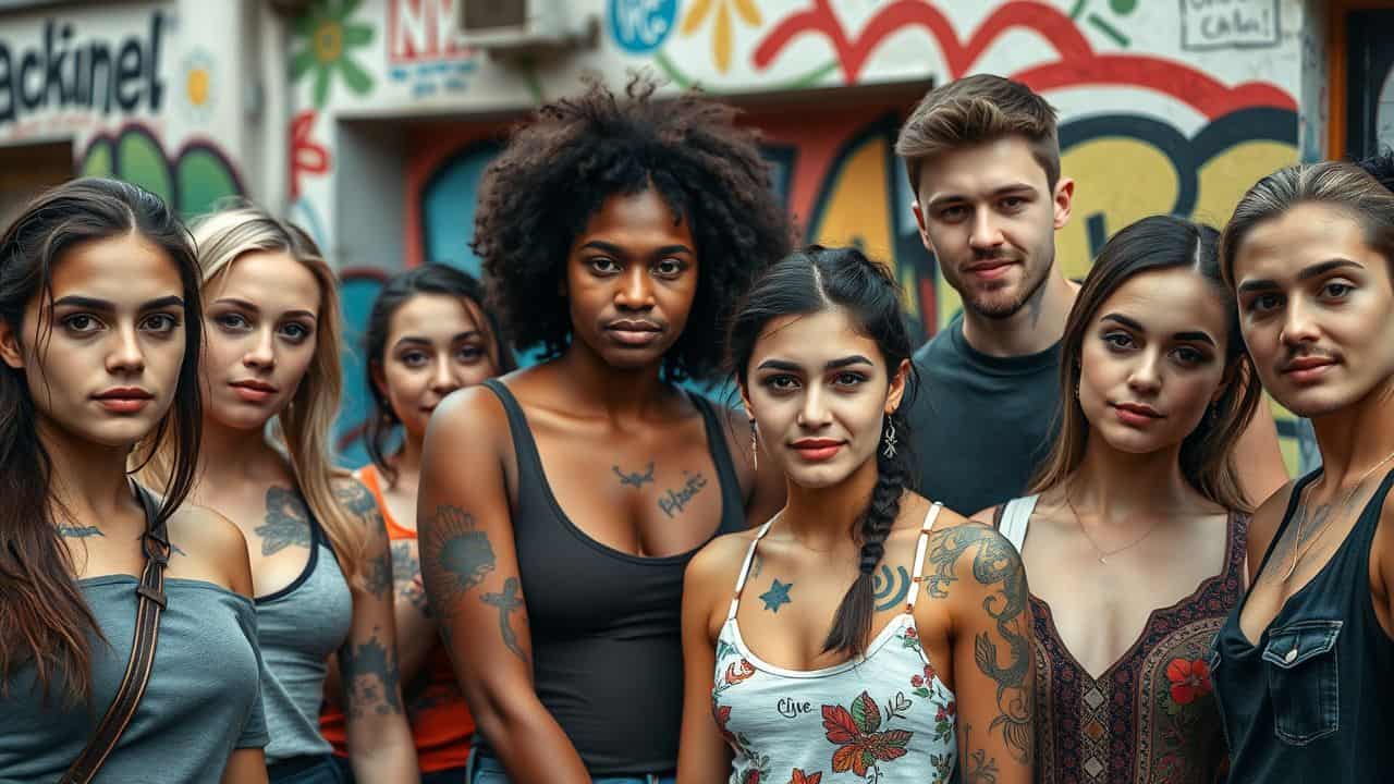 A group of young adults with diverse tattoos gathered in an urban setting.