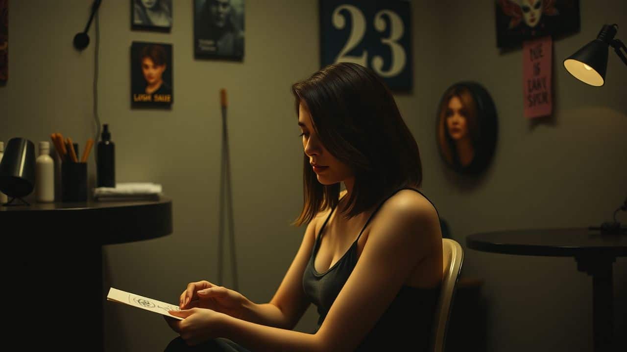 A woman in her late twenties sitting alone in a tattoo studio, looking at a tattoo design.