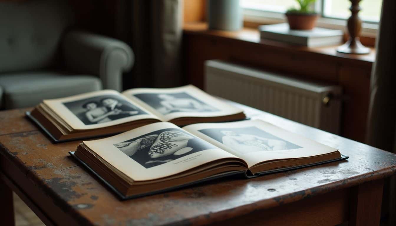 Vintage family photo albums and modern art book about tattoo culture on a weathered wooden table.