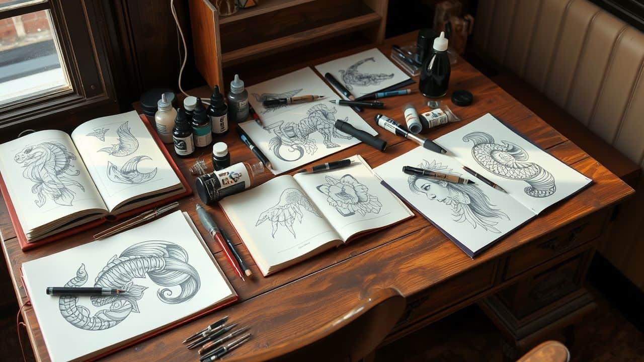 A cluttered vintage wooden table displays tattoo equipment and designs.