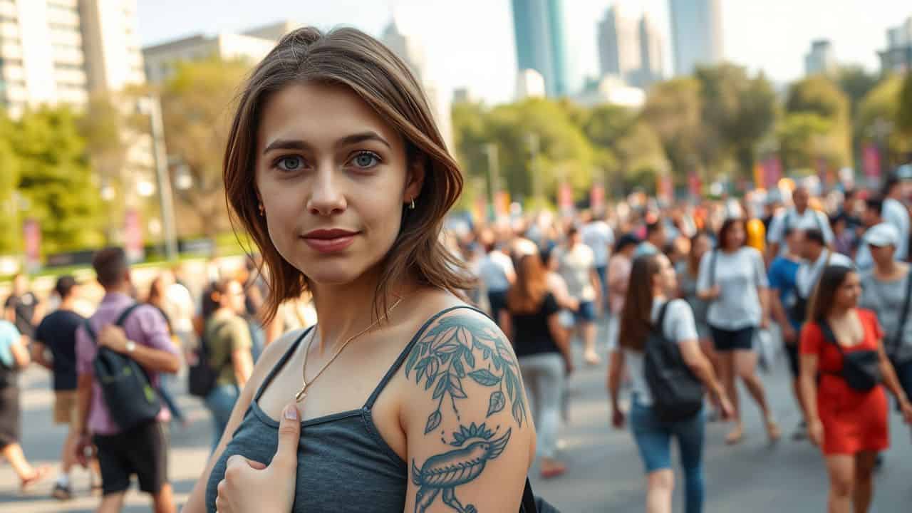 A young woman showing off her colorful shoulder tattoo in a city park.