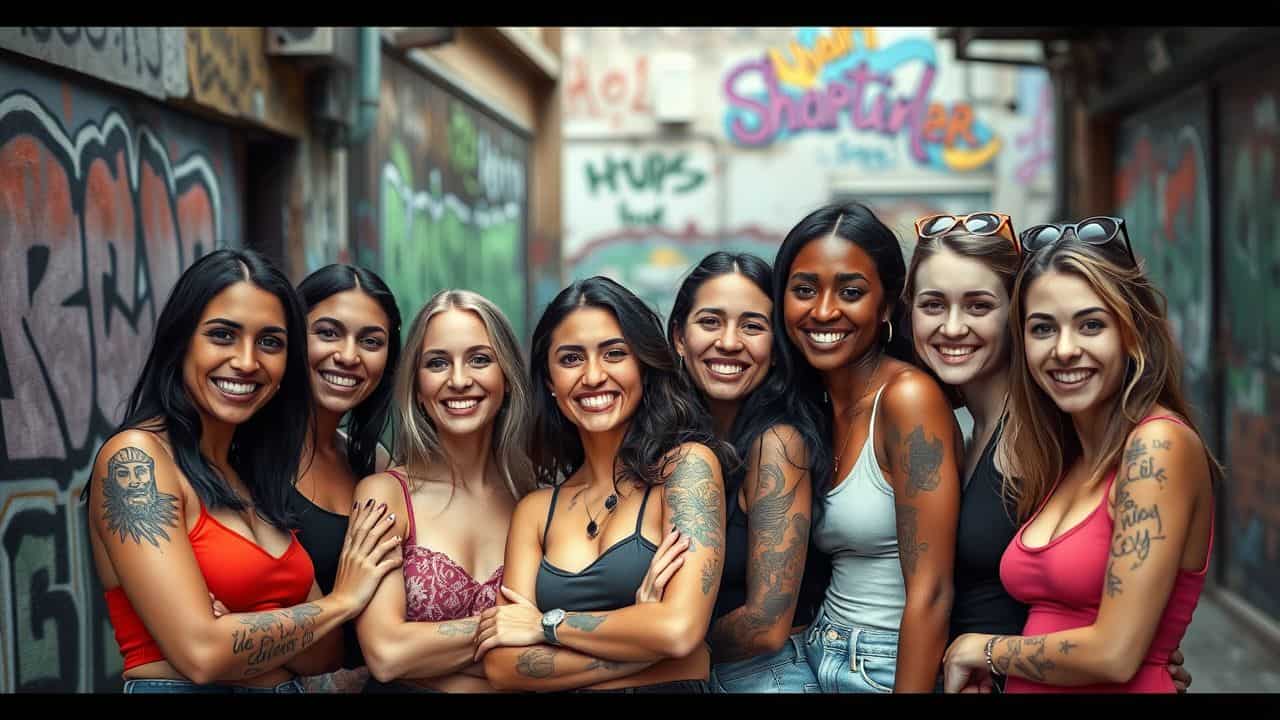 A group of diverse women proudly displaying their tattoos in an urban setting.