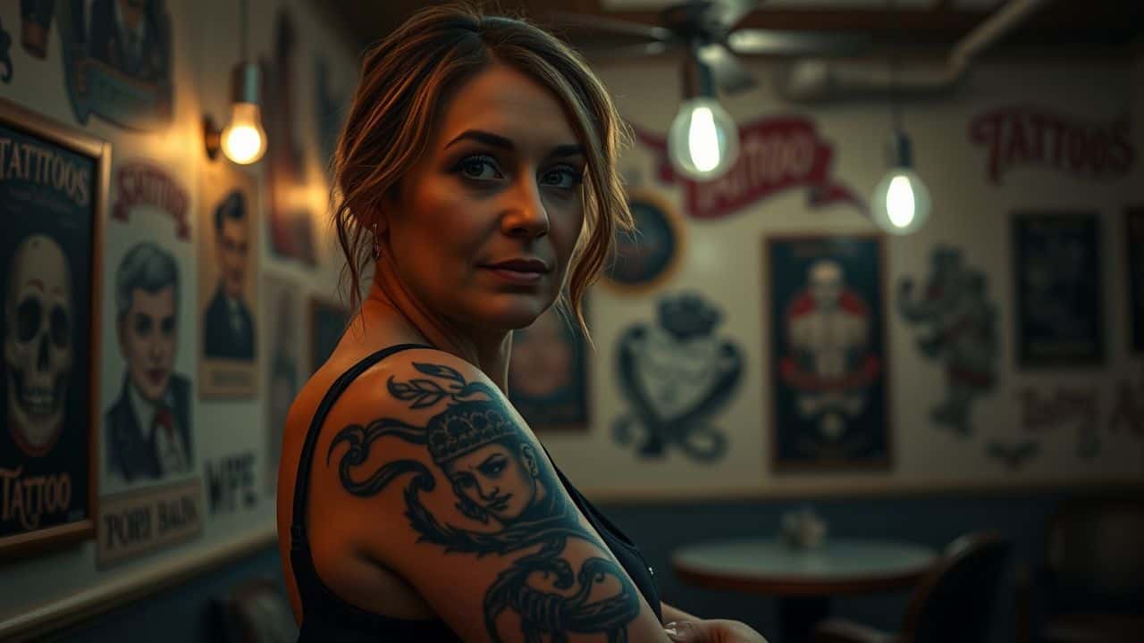 A woman in her 30s with a sleeve tattoo in a tattoo parlor.