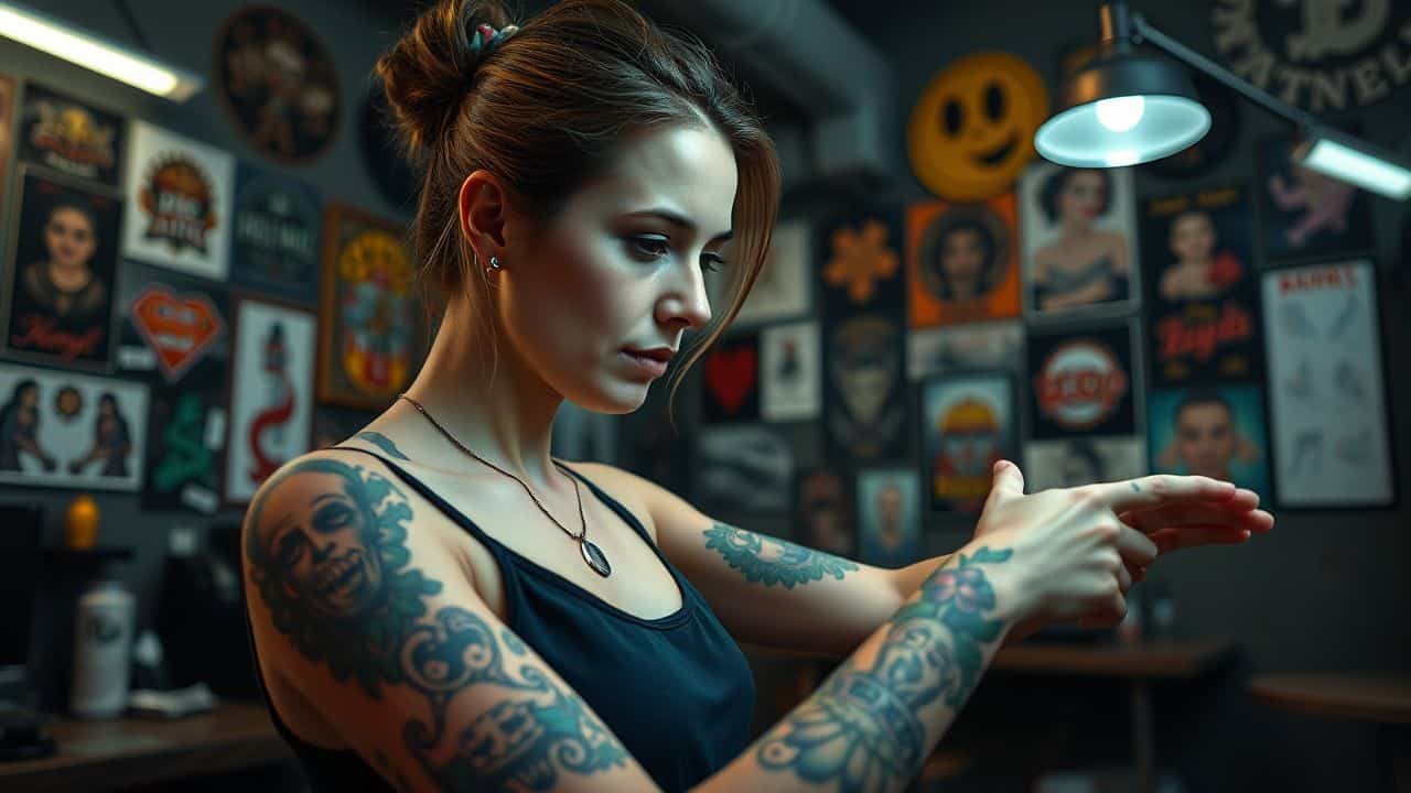 A woman in a tattoo parlor admiring colorful arm tattoos.