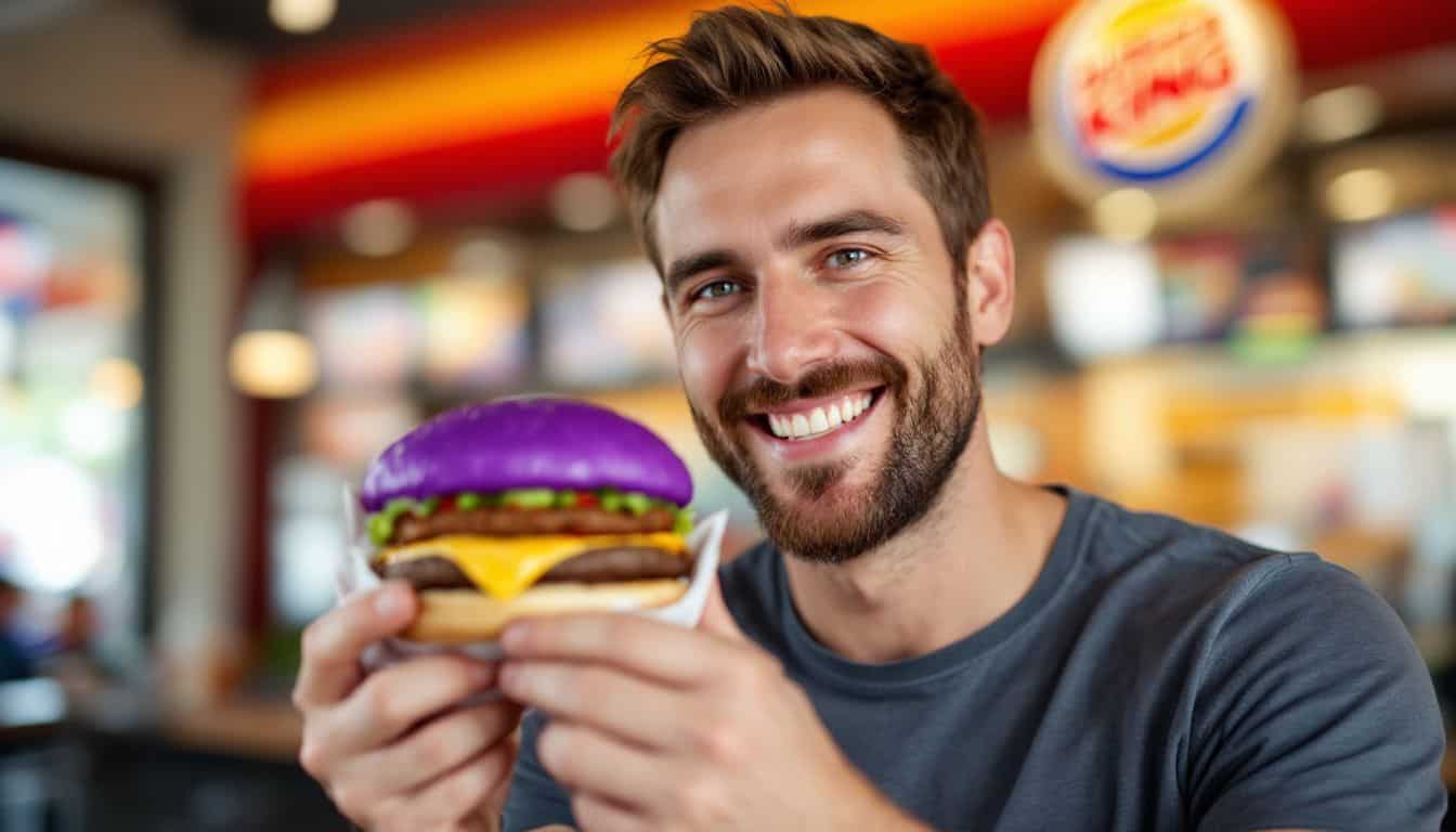 A man in his 30s unwrapping a purple Whopper at Burger King.