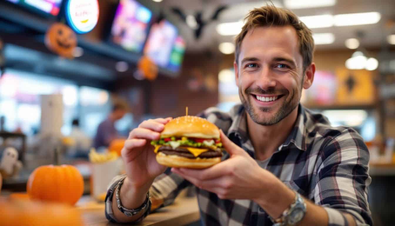 A man is happily holding a purple Whopper at Burger King.