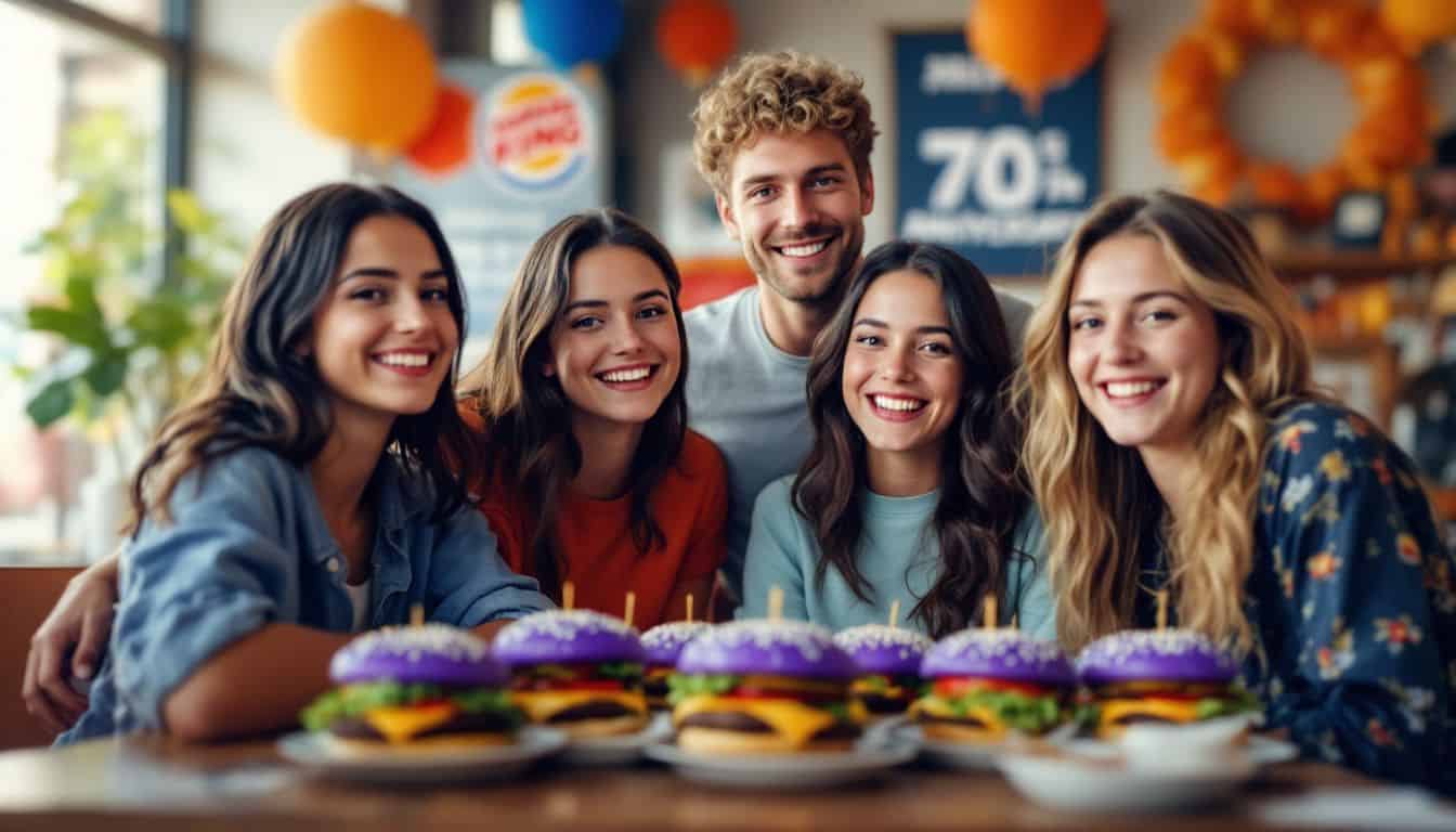 A group of friends celebrating Burger King's 70th anniversary with Whopper burgers.