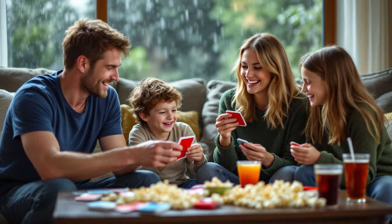 A family of four enjoying a game of Uno on a rainy day.