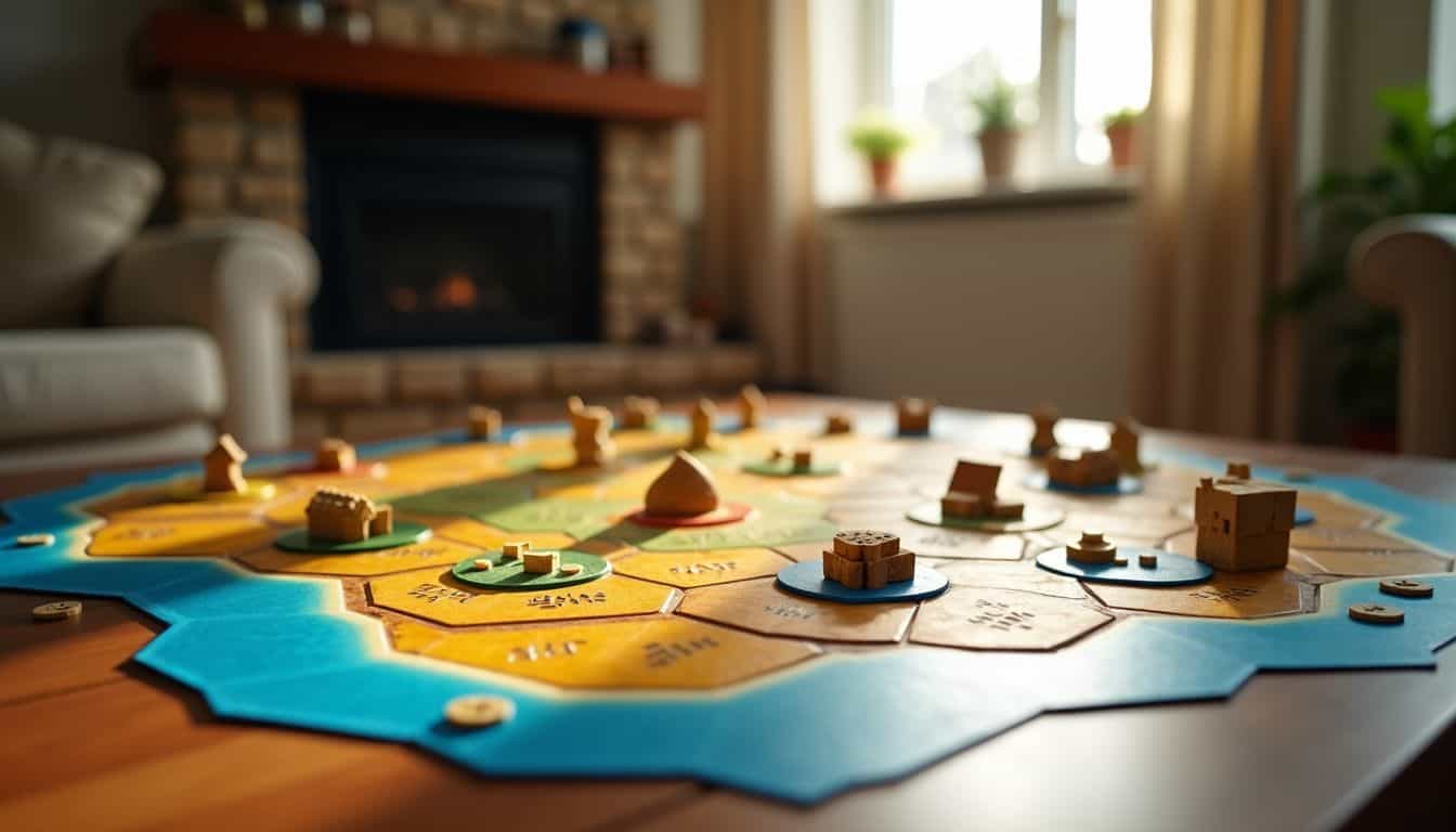 A colorful game of Catan set up on a cozy living room table.