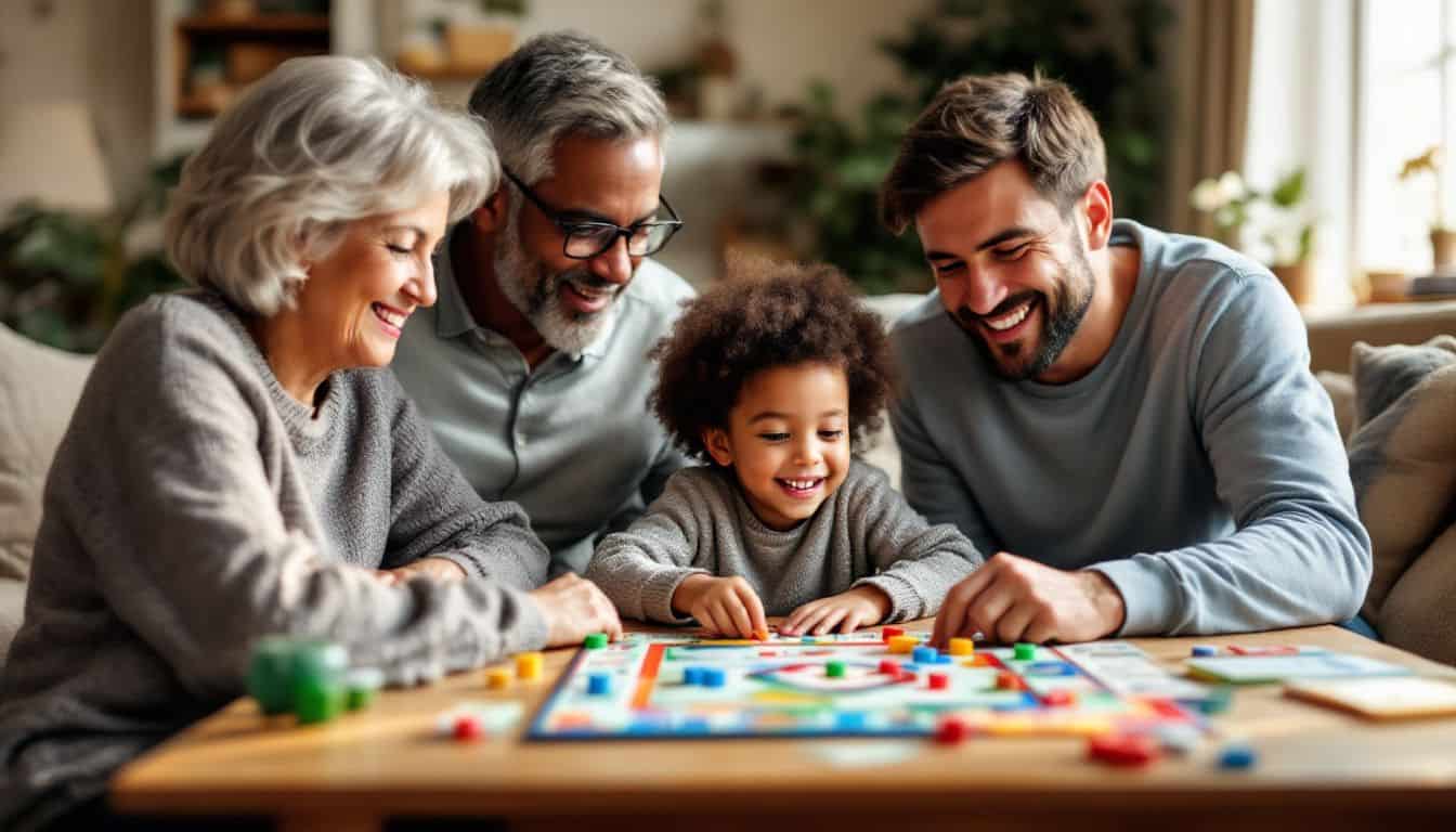 Three generations play Monopoly in a cozy living room.