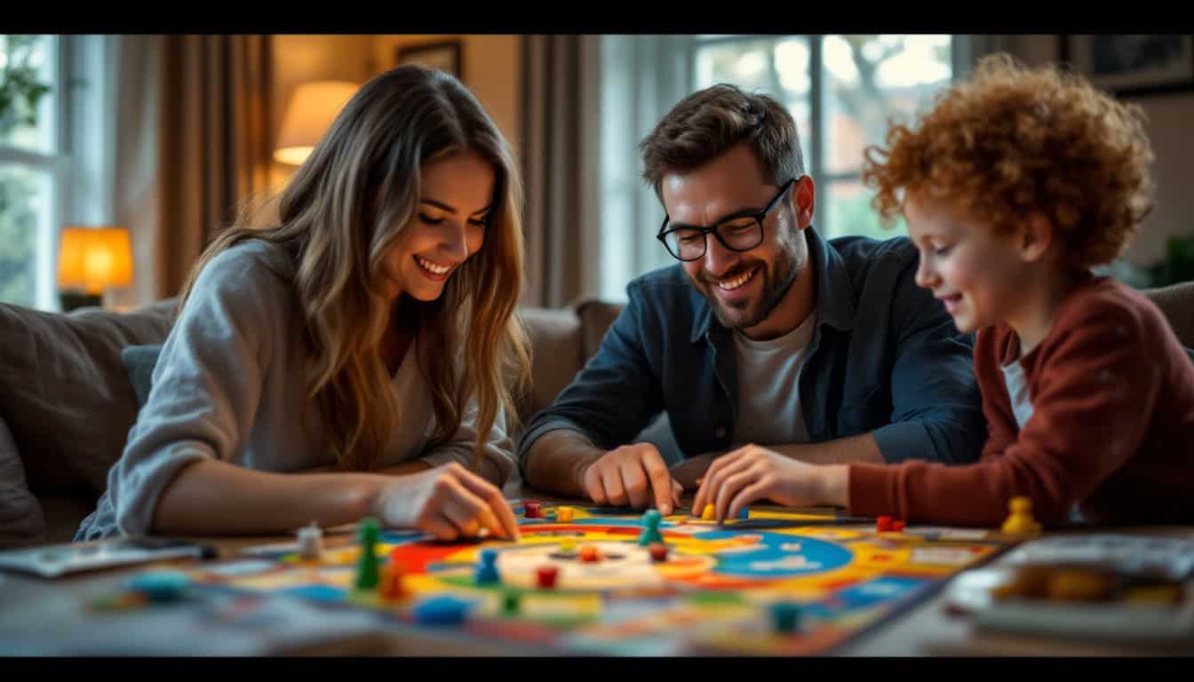 A family playing a colorful board game in their cozy living room.