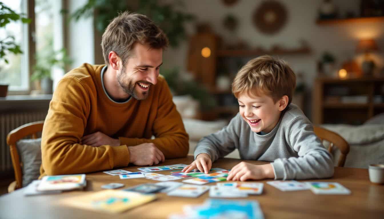 A father and son enjoy a playful moment in a cozy living room.