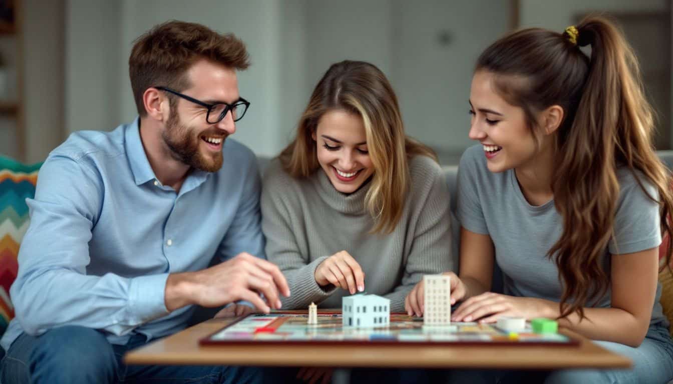 A family of three enjoys a game of Monopoly in their cozy living room.