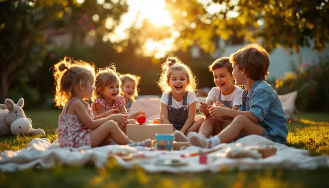 Children playing classic party games in a backyard at sunset.