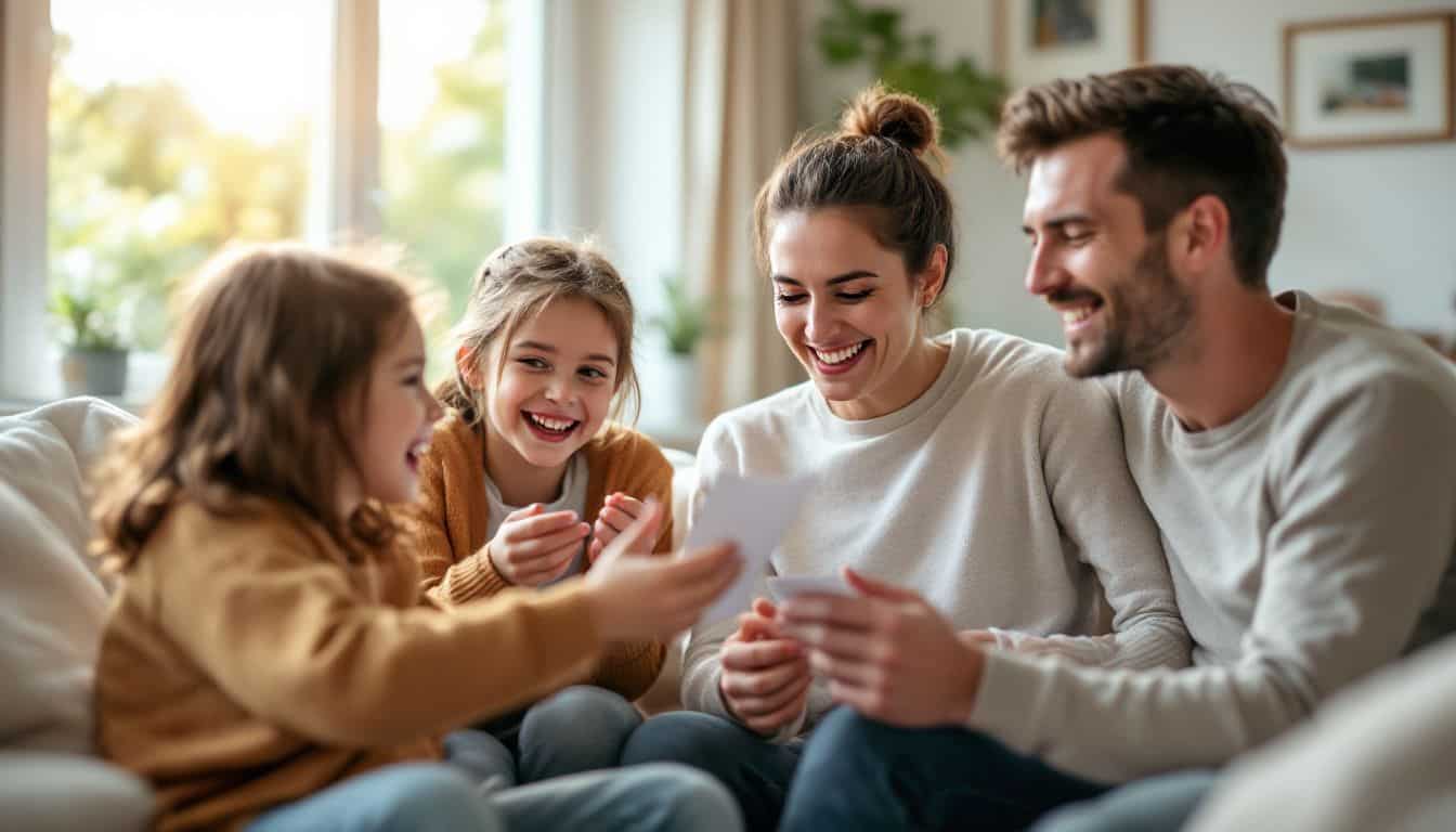 A family enjoys a game of charades in their cozy living room.