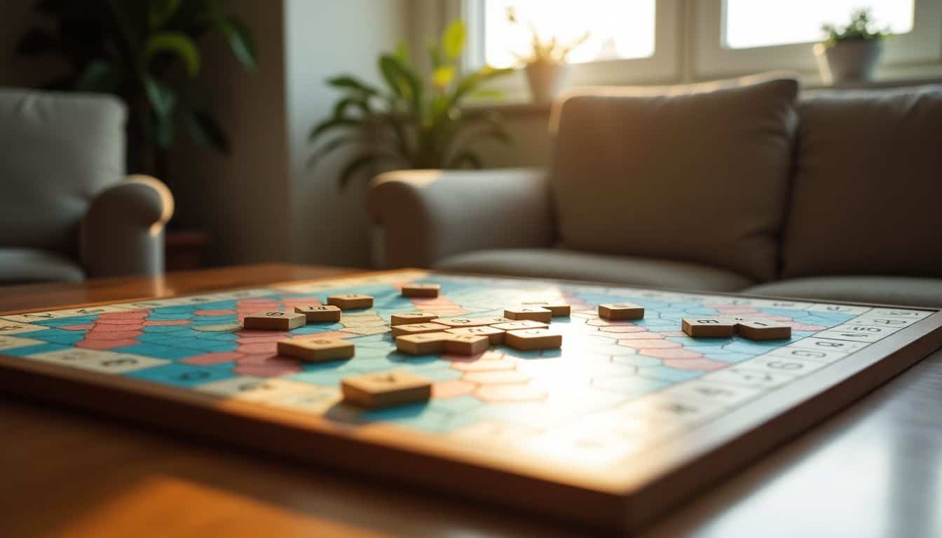 A game of Scrabble in progress on a cozy living room table.