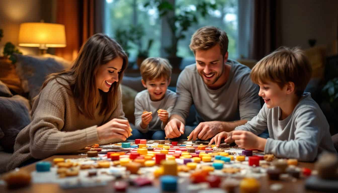 A family of four playing a game in a cozy living room.