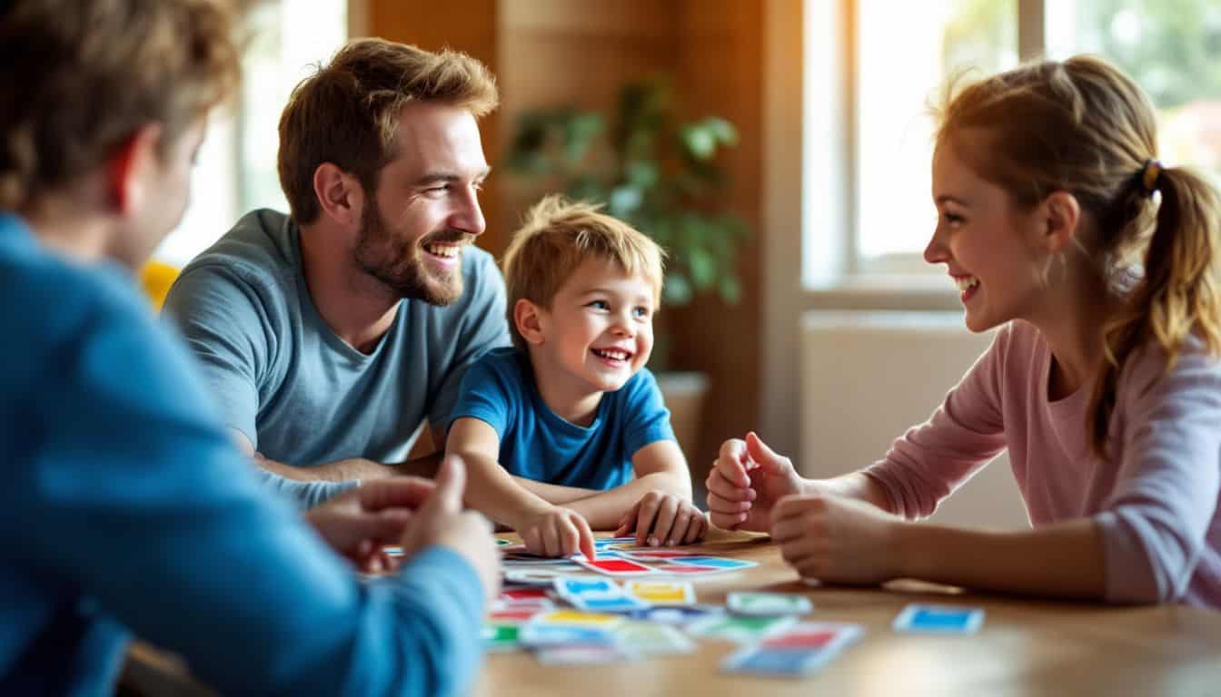 A family of four playing UNO in a cozy living room.