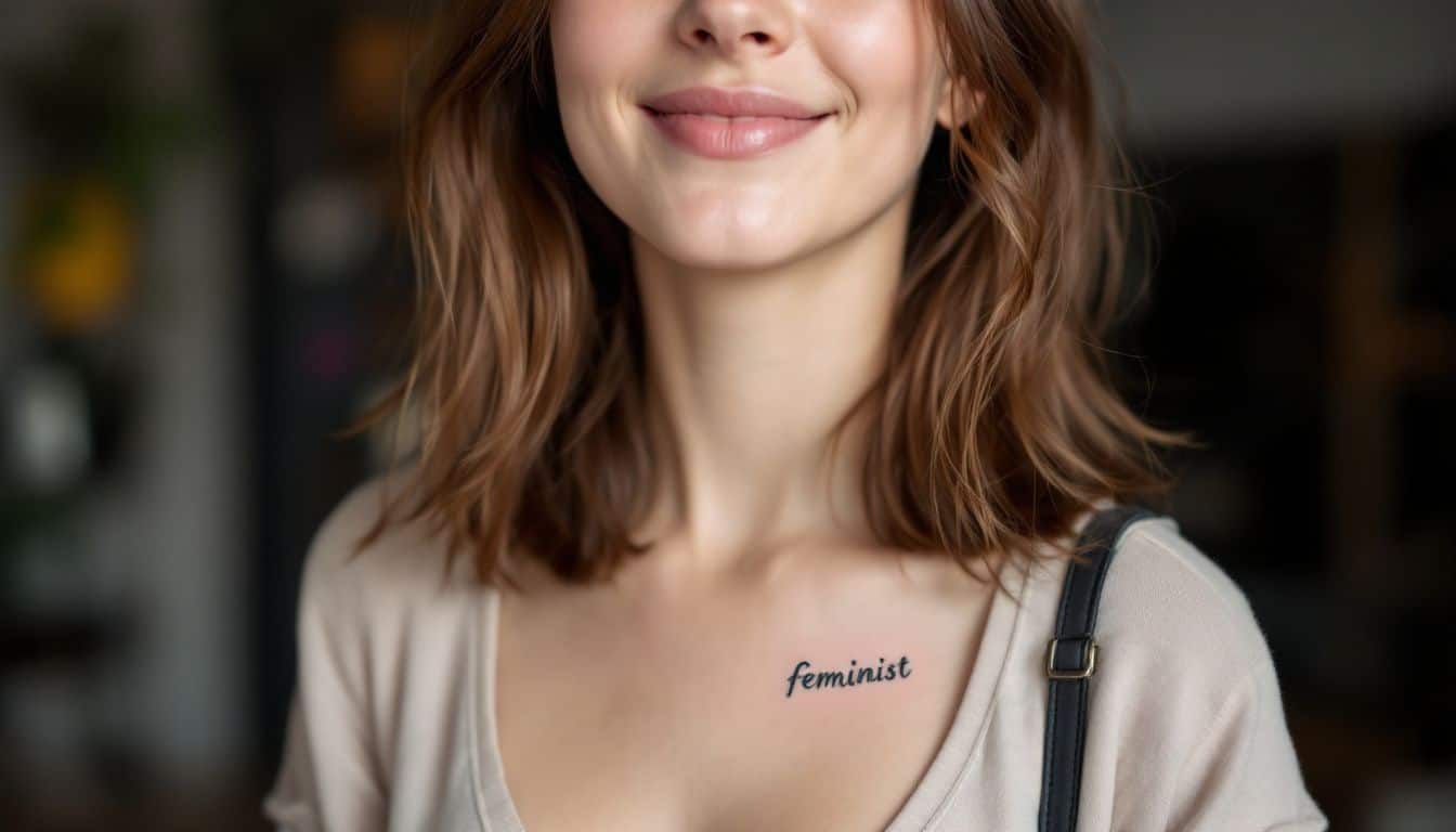 A confident young woman proudly displays her feminist tattoo.