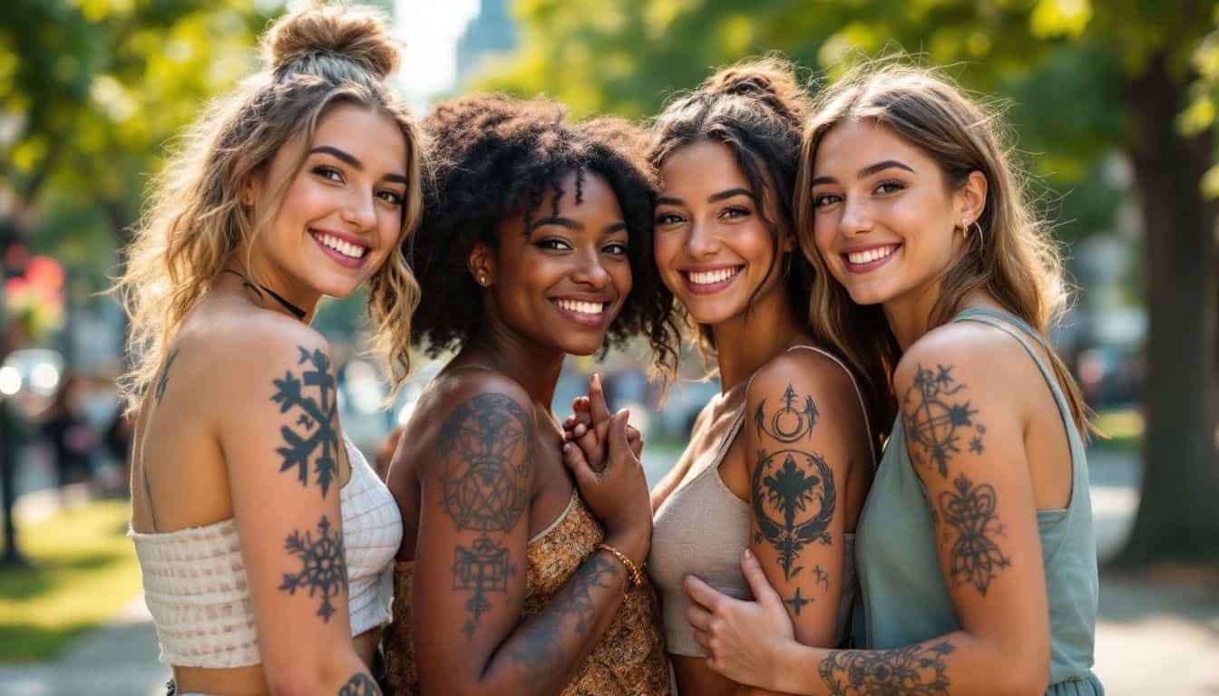 A diverse group of young women proudly displaying empowering tattoo designs.