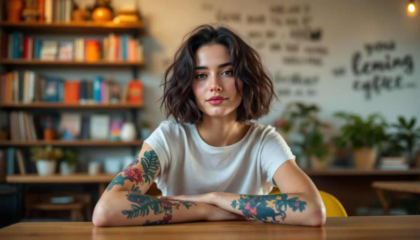 A young woman with feminist tattoos sitting in a cozy coffee shop.