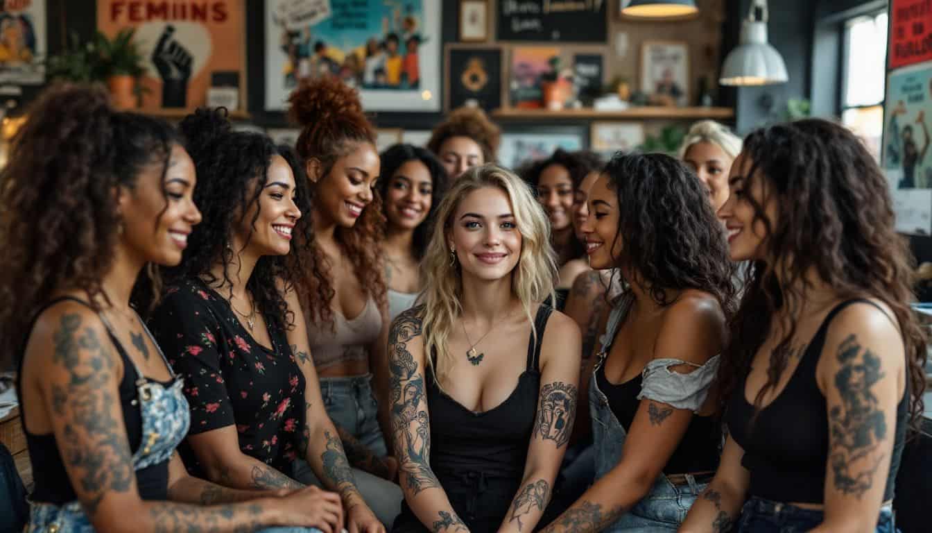 A diverse group of young women gathering in a feminist tattoo parlor.