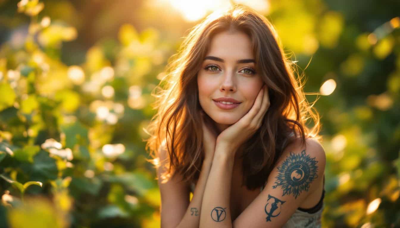 A woman with tattoos sitting peacefully in a vibrant garden.