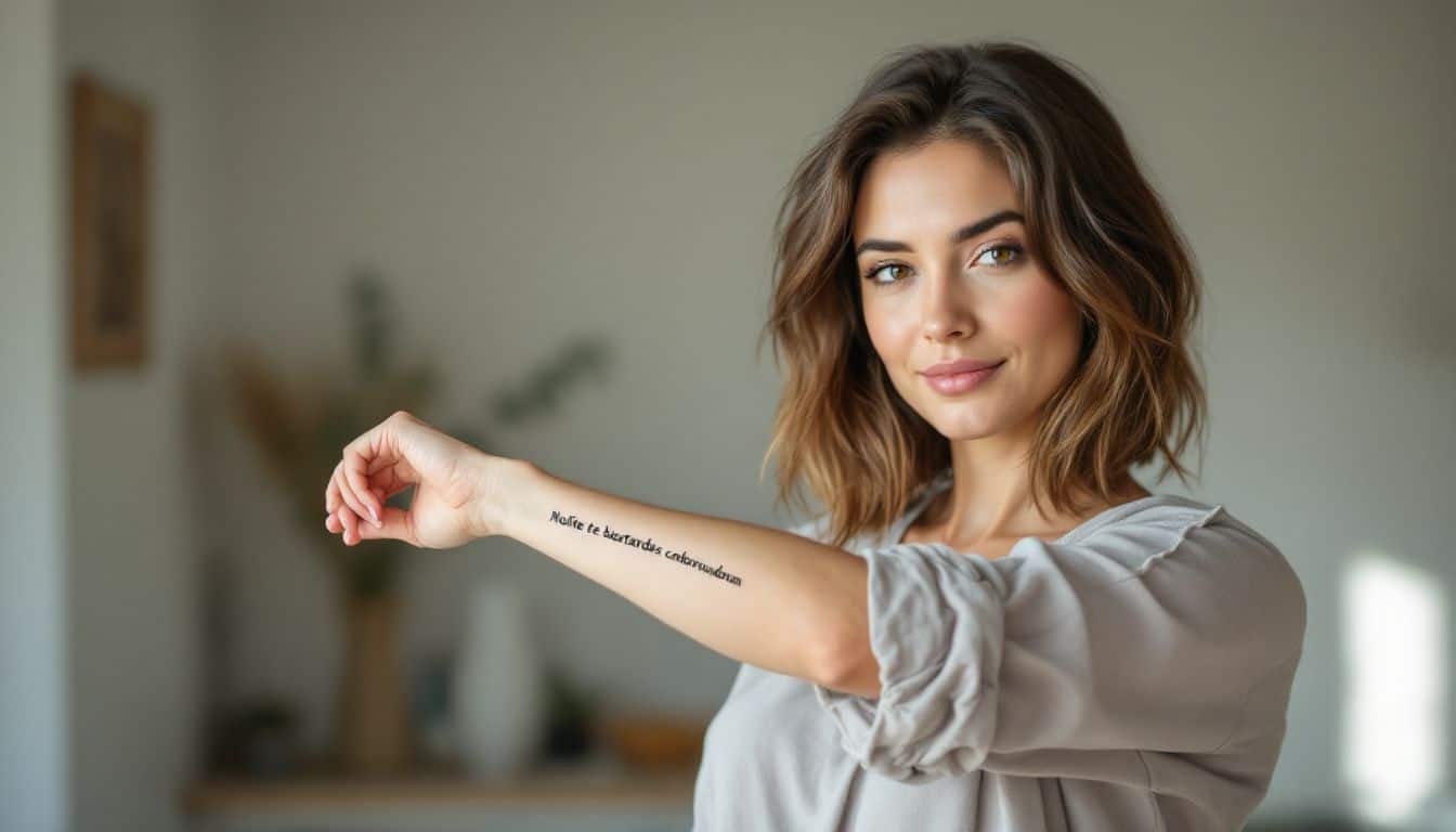 A woman in her 30s confidently displays her empowering Latin phrase tattoo.