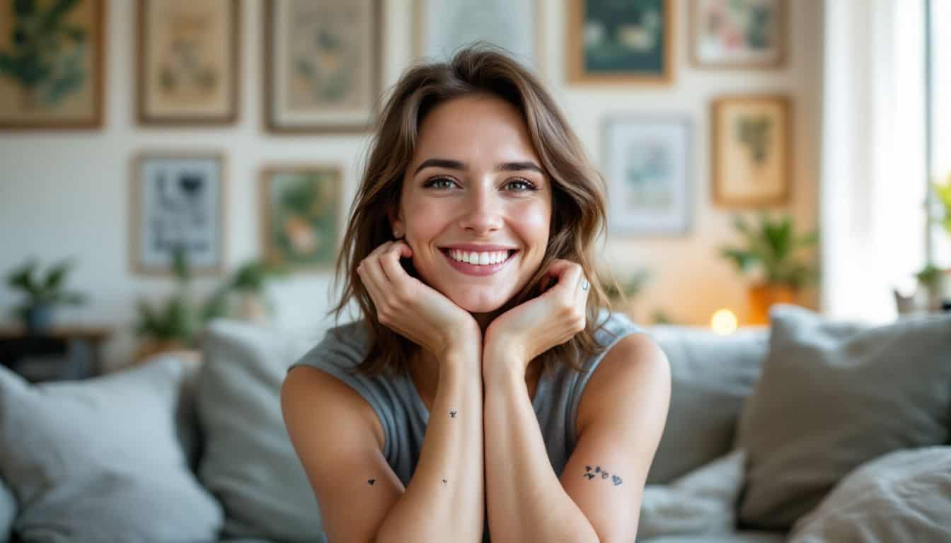 A woman in her 30s proudly displays her symbolic tattoos in a cozy living room.