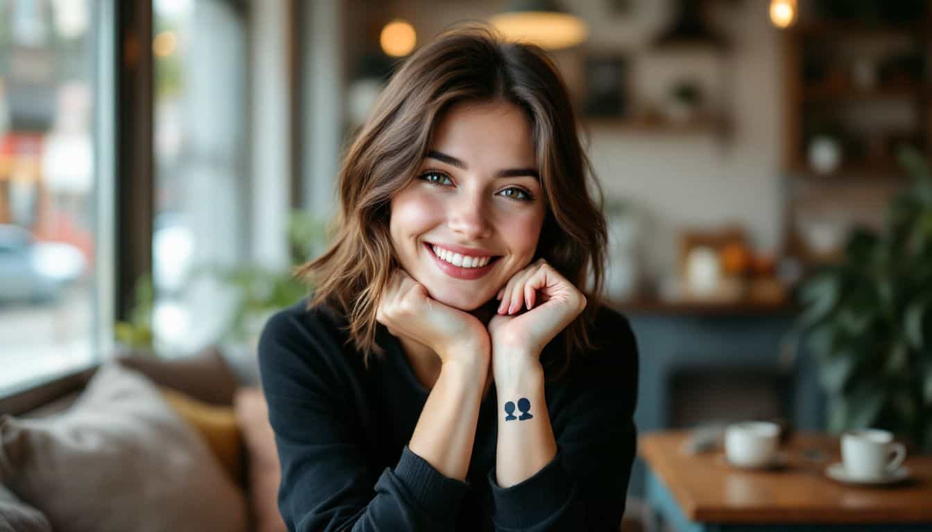 A young woman proudly displays her feminist tattoo in a coffee shop.