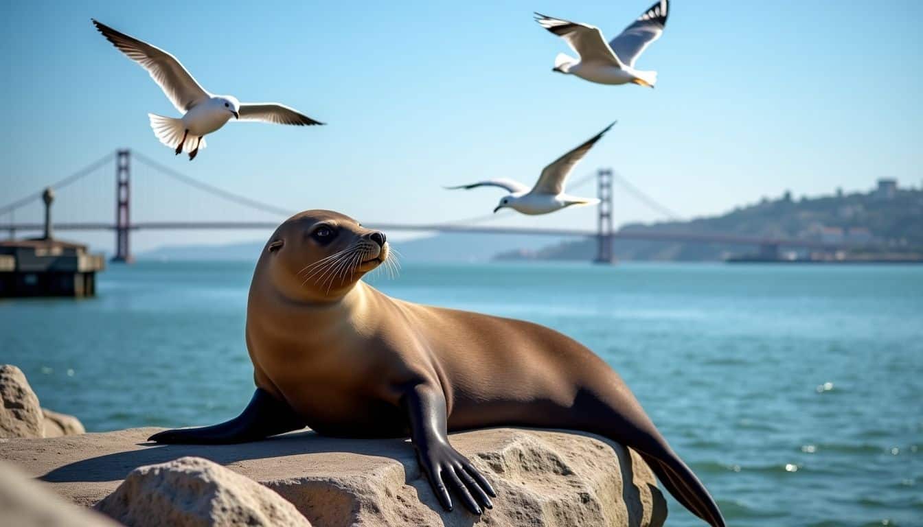 A sea lion relaxes on rocks at PIER 39 while seagulls fly overhead.