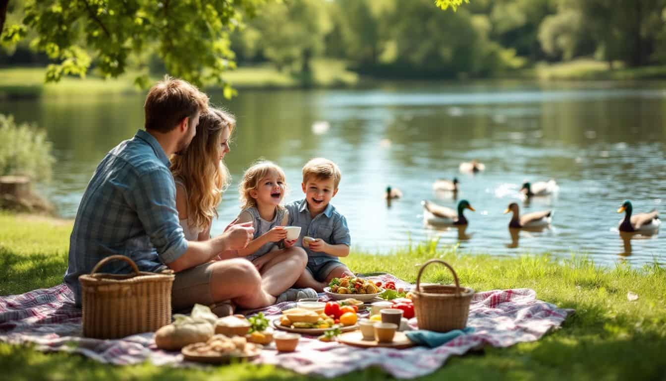 A family of four having a picnic by Blue Heron Lake.