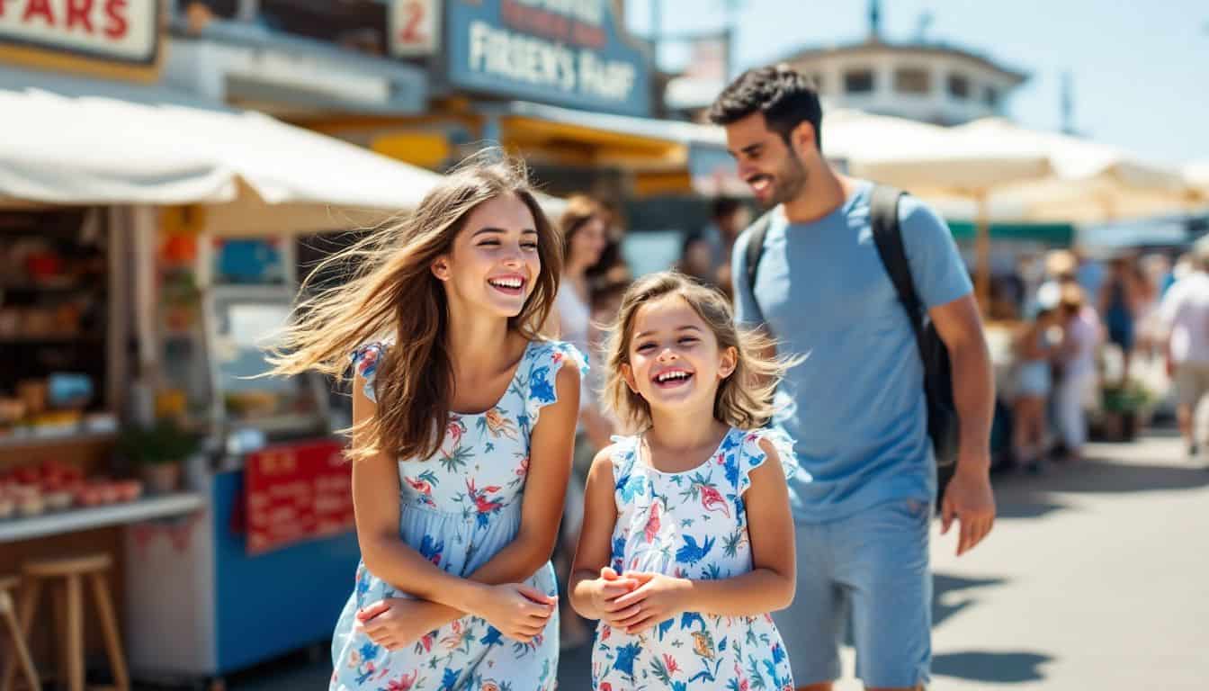 A family enjoys a sunny day at Fisherman's Wharf.