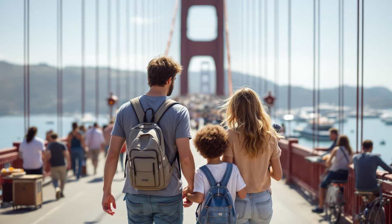 A family enjoys a leisurely stroll on the Golden Gate Bridge.