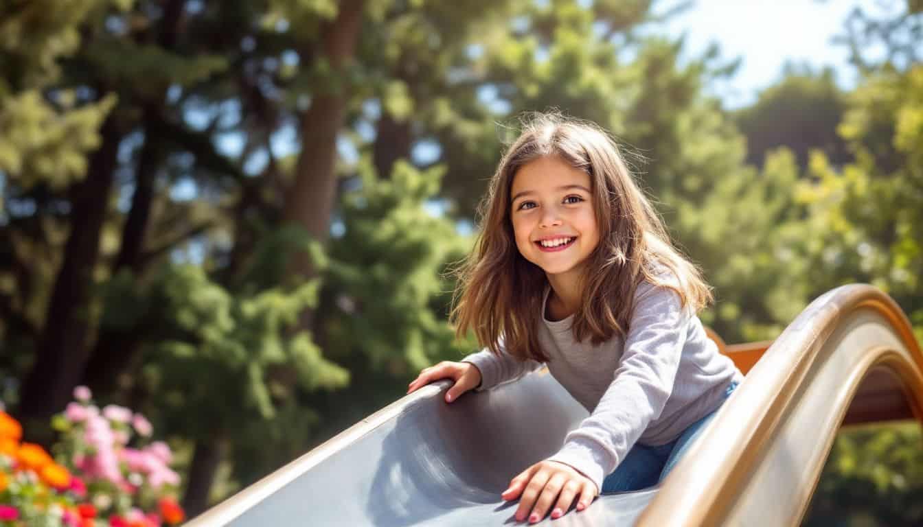 A young girl climbs a large slide at Koret Playground.