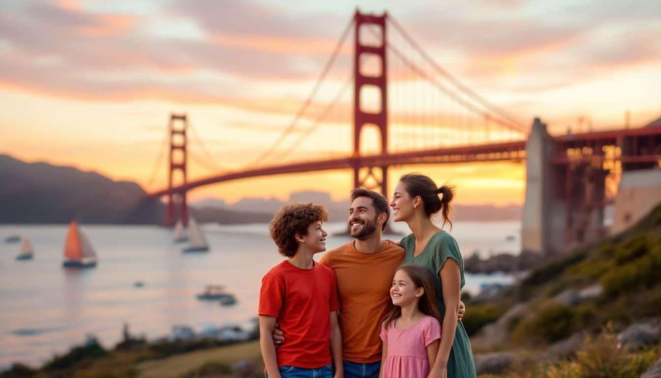 A family of four stands near the Golden Gate Bridge at sunset.