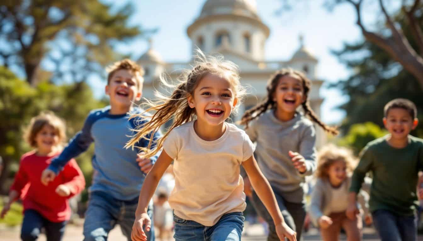 Children playing happily at Koret Children's Quarter in Golden Gate Park.