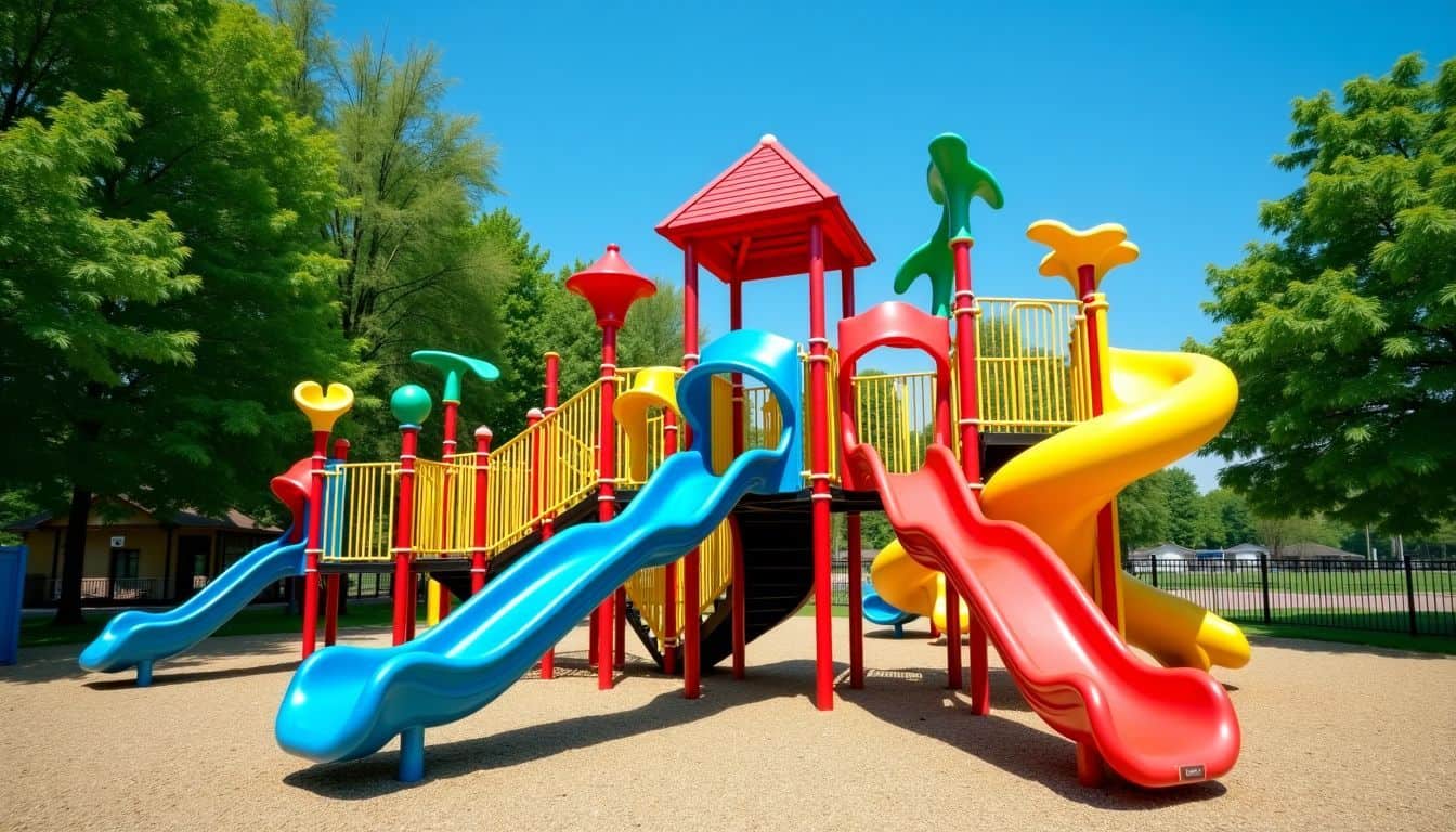 A vibrant playground with colorful equipment surrounded by lush greenery.