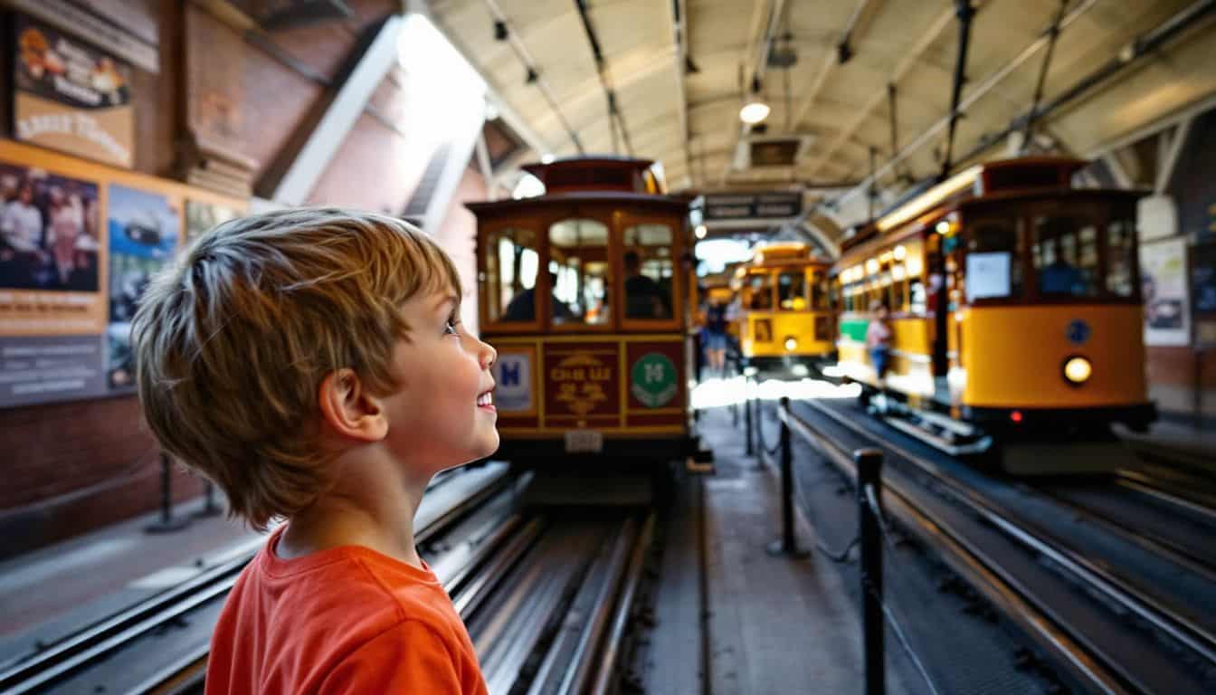 A child excitedly watches the moving cables in the Cable Car Museum.