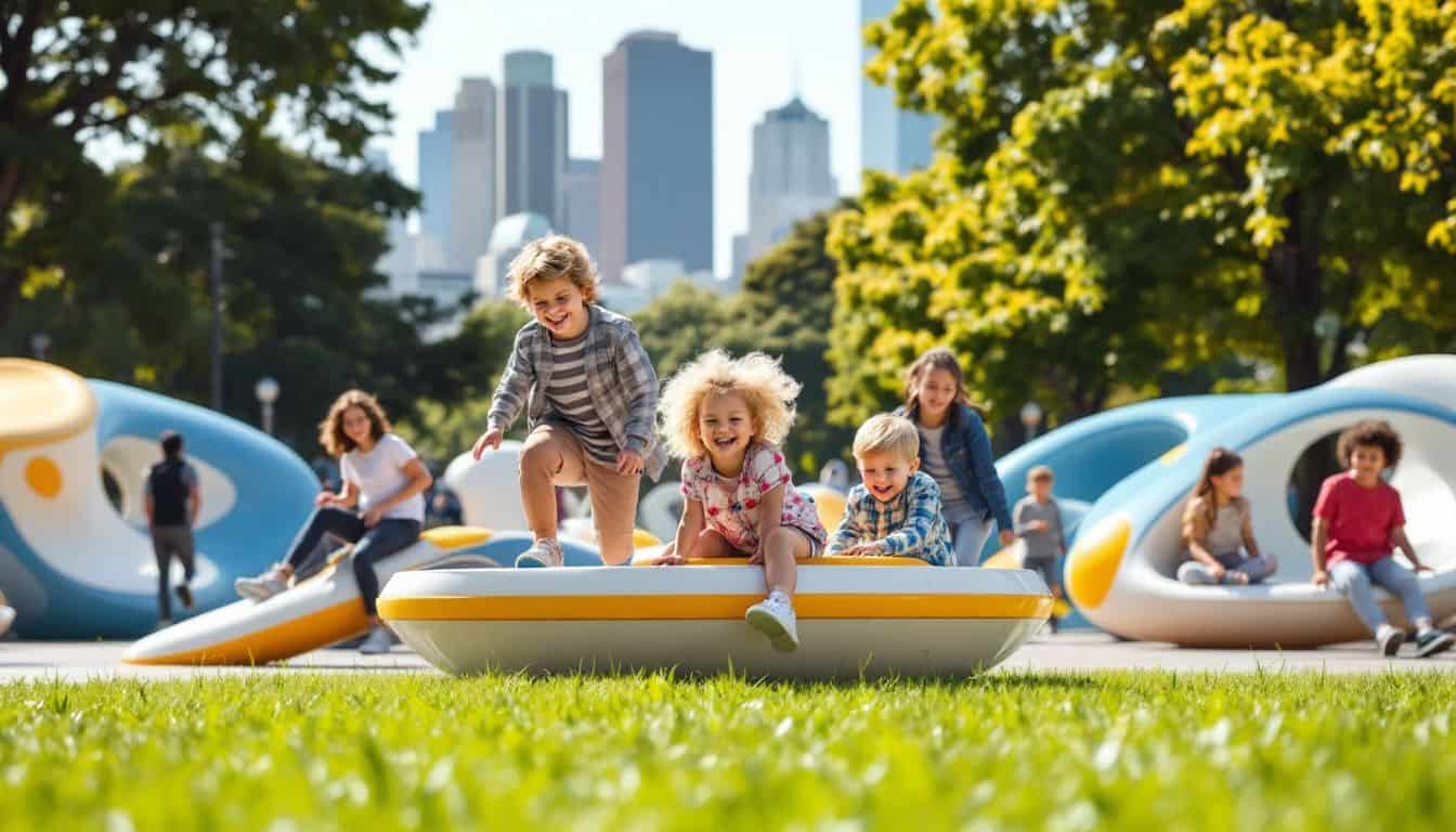 Children of all ages playing on a modern playground in San Francisco.