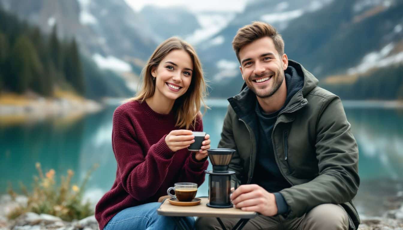 A couple in their 30s enjoys coffee by a mountain lake.