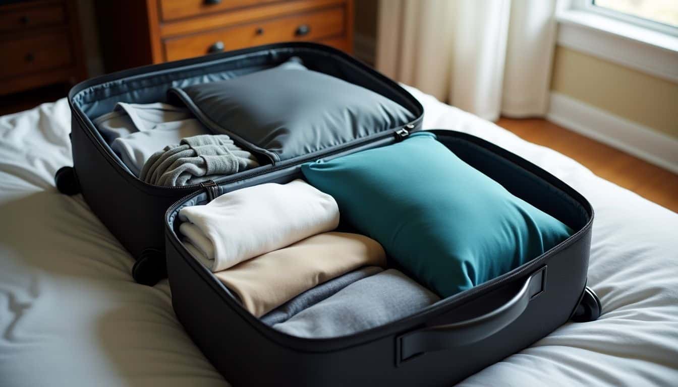 Neatly organized travel suitcase with Eagle Creek packing cubes for efficient packing.