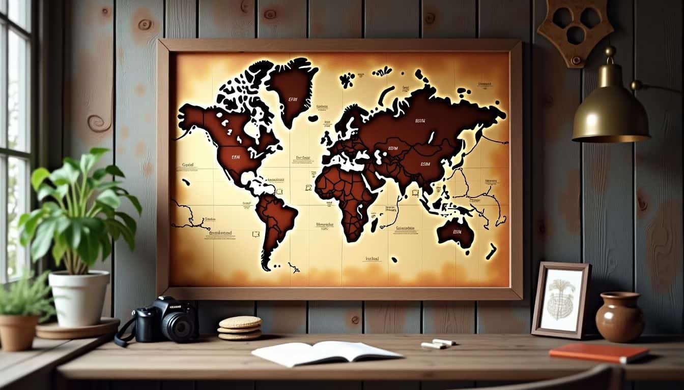 An antique world map corkboard with vintage travel souvenirs.