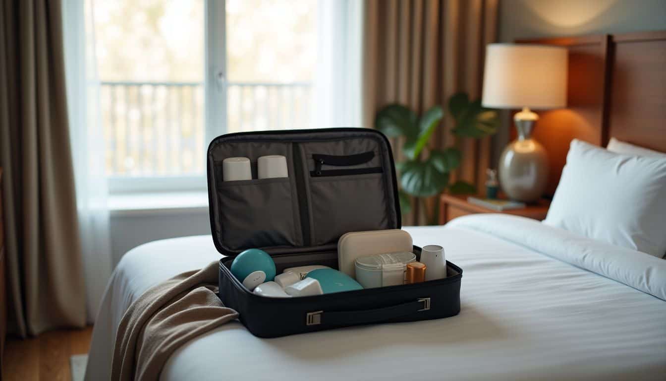 A well-organized travel bag with practical accessories in a cozy hotel room.