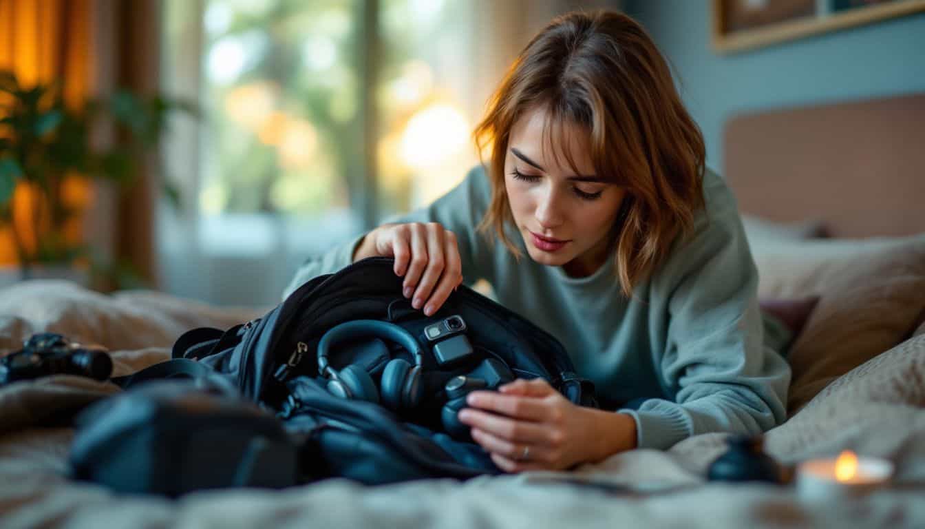 A traveler unpacks tech gadgets in a cozy hotel room.