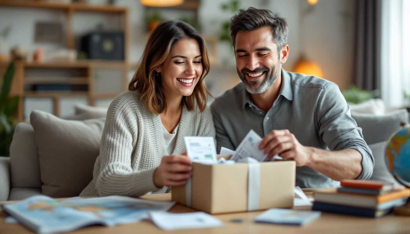 A couple in their 30s unwrapping travel vouchers in a cozy living room.